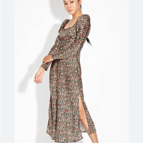 Zara Floral Brown Midi Dress satin square neck - Picture 2 of 5